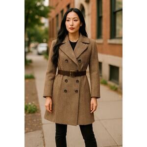 ZARA Womens Wool Belted Trench Coat M Brown Embossed Croc Vegan Belt
